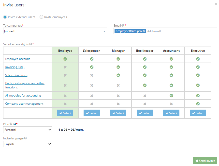 New user invitation window and settings